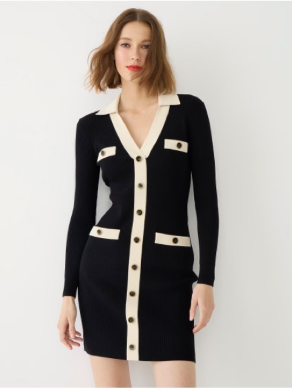 J. Crew Black and Cream Contrast Trim V-Neck Button-Front Knit Dress ❤️